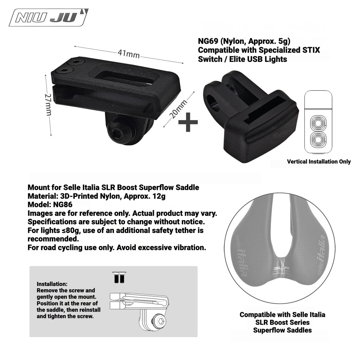 NIUJU Saddle GoPro & Rear Light Mount for Selle Italia SLR Boost Superflow | 3D Printed Nylon