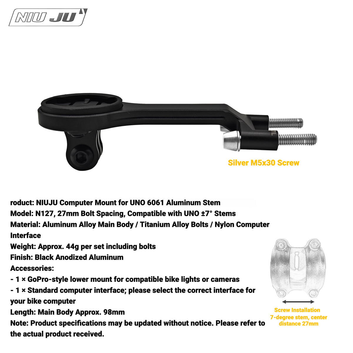 NIUJU Lightweight Computer Mount for UNO Stem | Forged Garmin Wahoo Mount