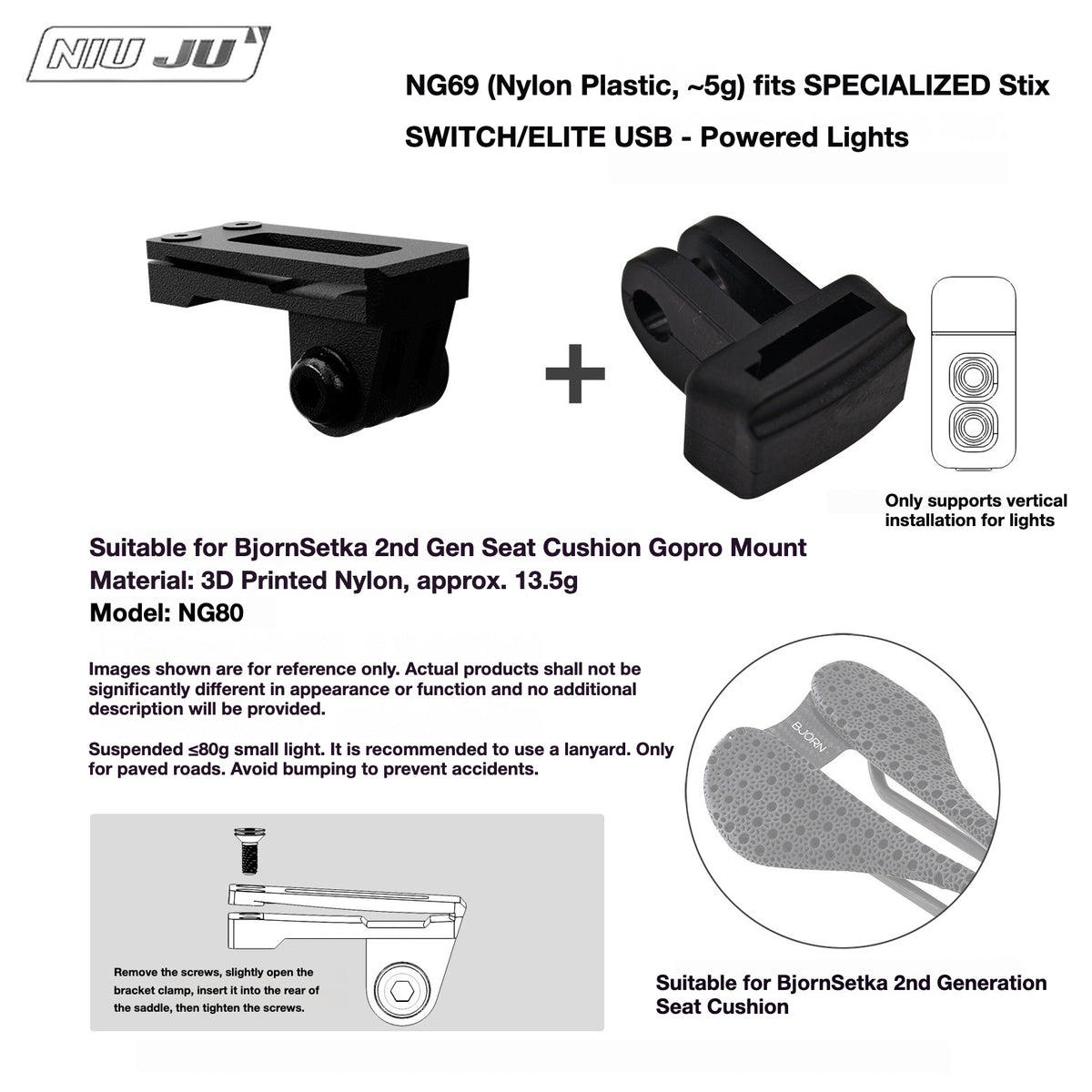 NIUJU Torque Saddle Mount for Bjorn Setka Gen 2 Saddle | GoPro Tail Light & Race Number Holder