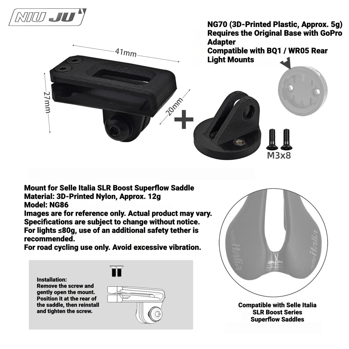 NIUJU Saddle GoPro & Rear Light Mount for Selle Italia SLR Boost Superflow | 3D Printed Nylon
