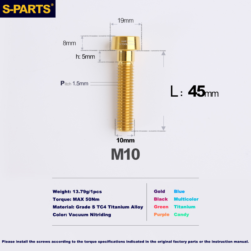 S-PARTS Vis antivol en titane M10 D19 P1.5 avec longueurs variées (L20, L25, L40, L45, L50, L55, L60, L65, L70)