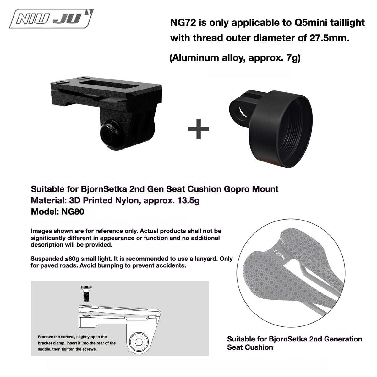 NIUJU Torque Saddle Mount for Bjorn Setka Gen 2 Saddle | GoPro Tail Light & Race Number Holder