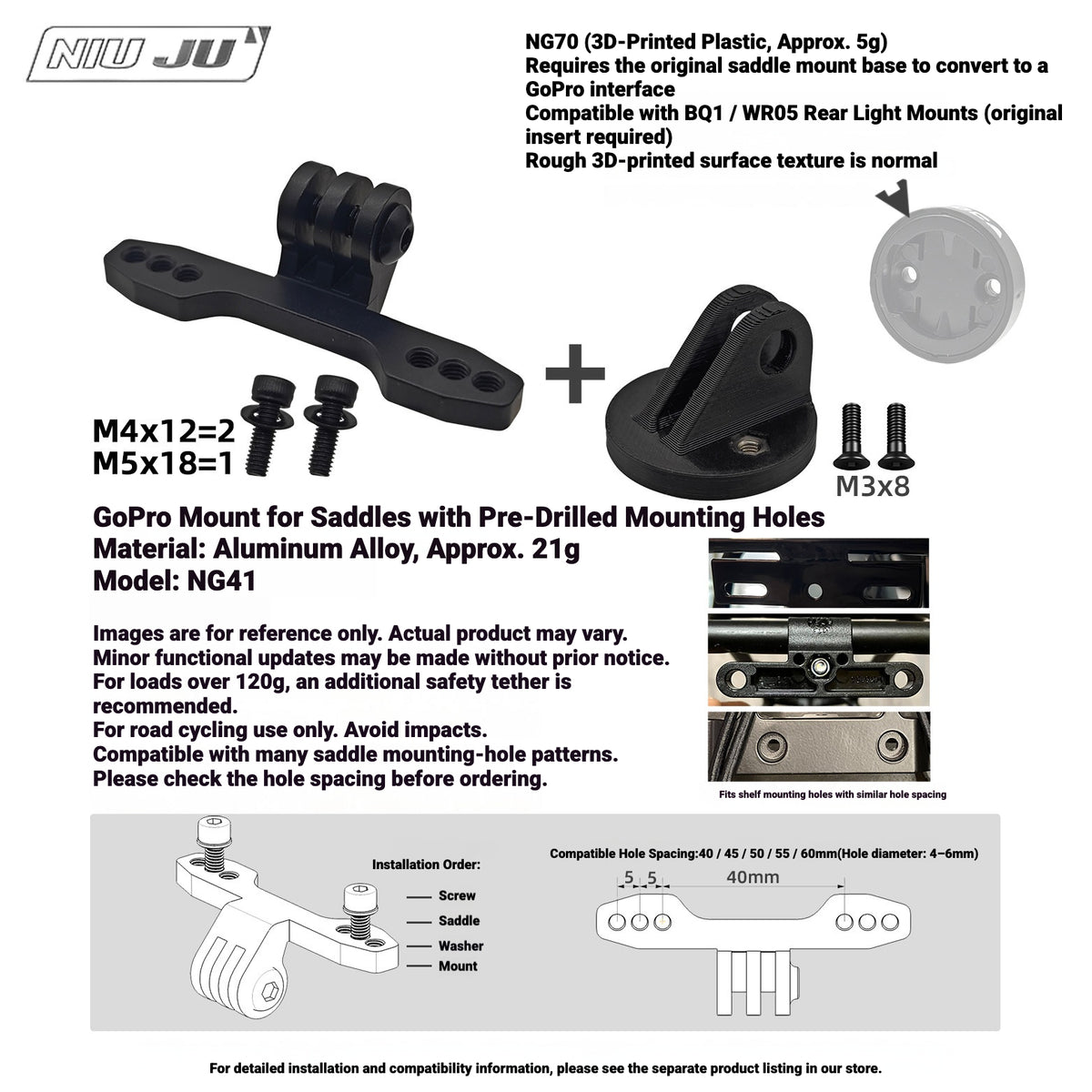 NIUJU NG70 Rear Light Adapter for MEROCA BQ1 / WR05 | GoPro-Style Mount