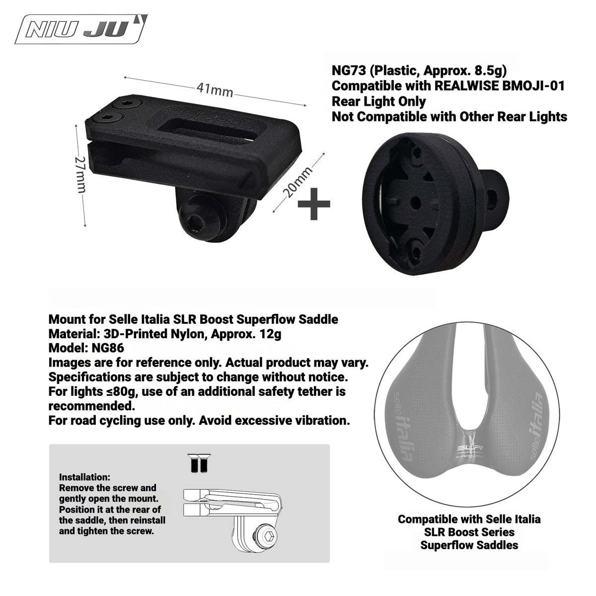 NIUJU Saddle GoPro & Rear Light Mount for Selle Italia SLR Boost Superflow | 3D Printed Nylon