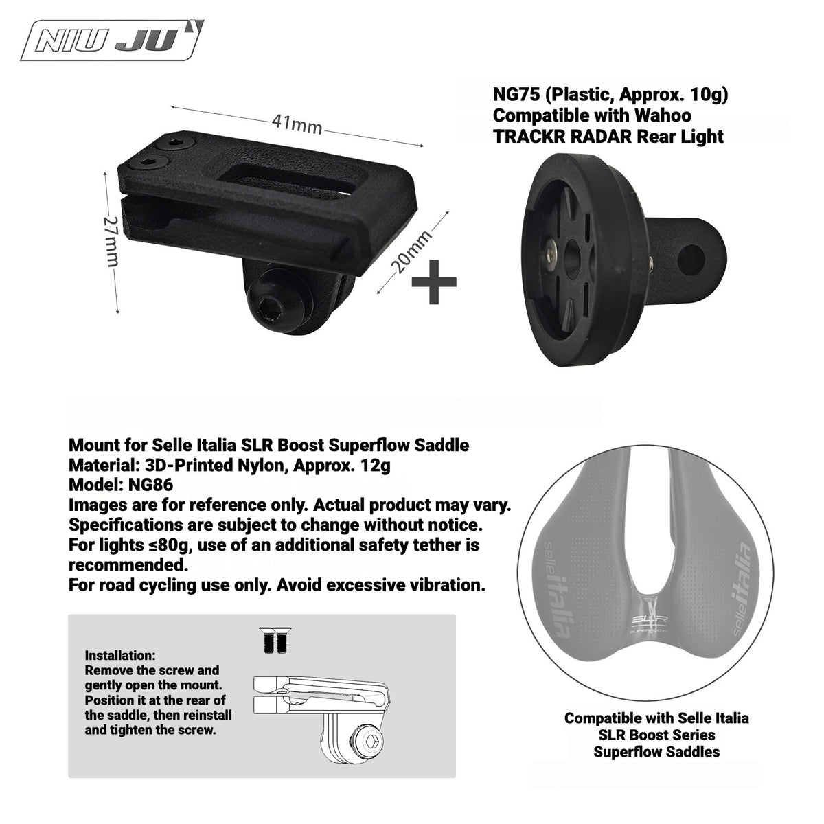 NIUJU Saddle GoPro & Rear Light Mount for Selle Italia SLR Boost Superflow | 3D Printed Nylon