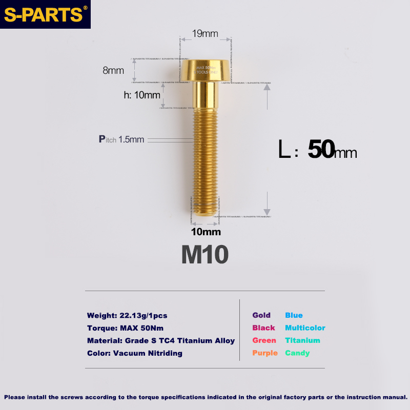 S-PARTS Vis antivol en titane M10 D19 P1.5 avec longueurs variées (L20, L25, L40, L45, L50, L55, L60, L65, L70)