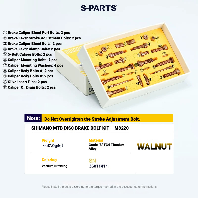 S-PARTS TC4 Titanium Bolt Kit for Shimano Deore XT M8200 / M8220 | MTB Disc Brake & Component Screws
