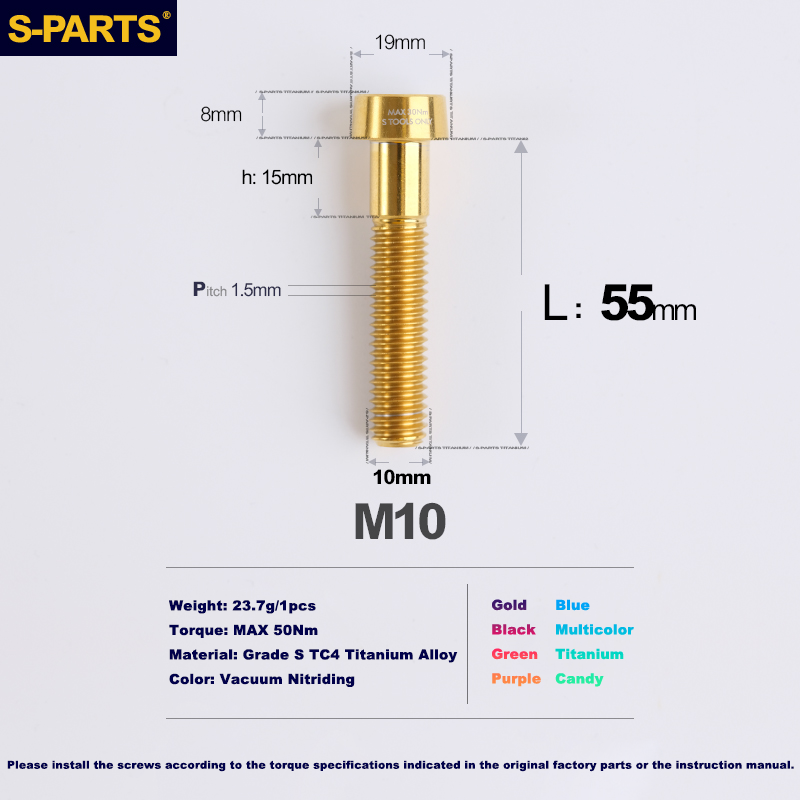 S-PARTS Vis antivol en titane M10 D19 P1.5 avec longueurs variées (L20, L25, L40, L45, L50, L55, L60, L65, L70)