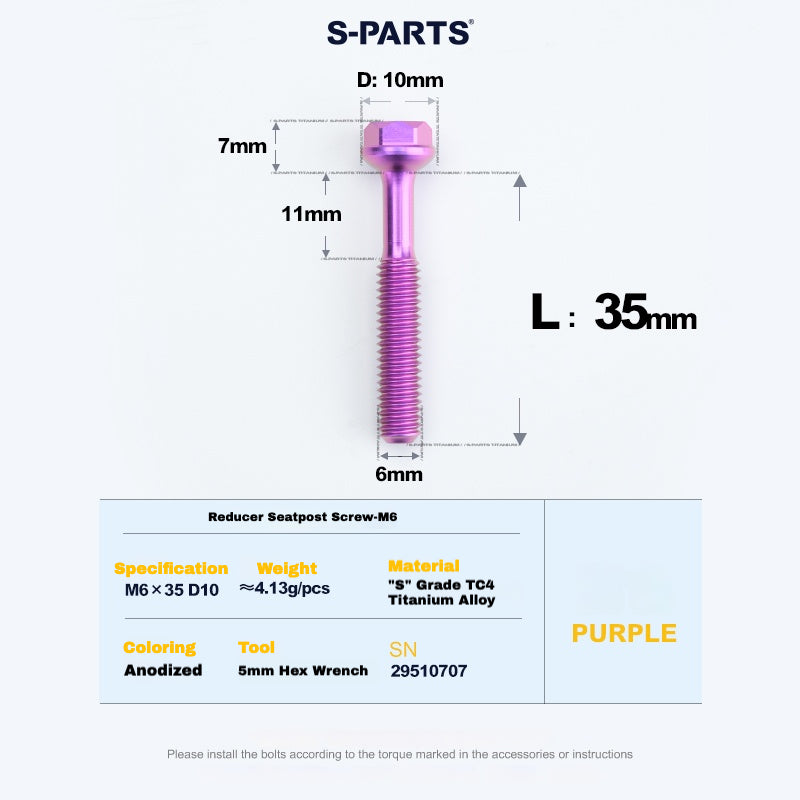 S-PARTS M6 Titanium Seatpost Step-Down Bolt & Nut Kit – Multiple Lengths & Colors