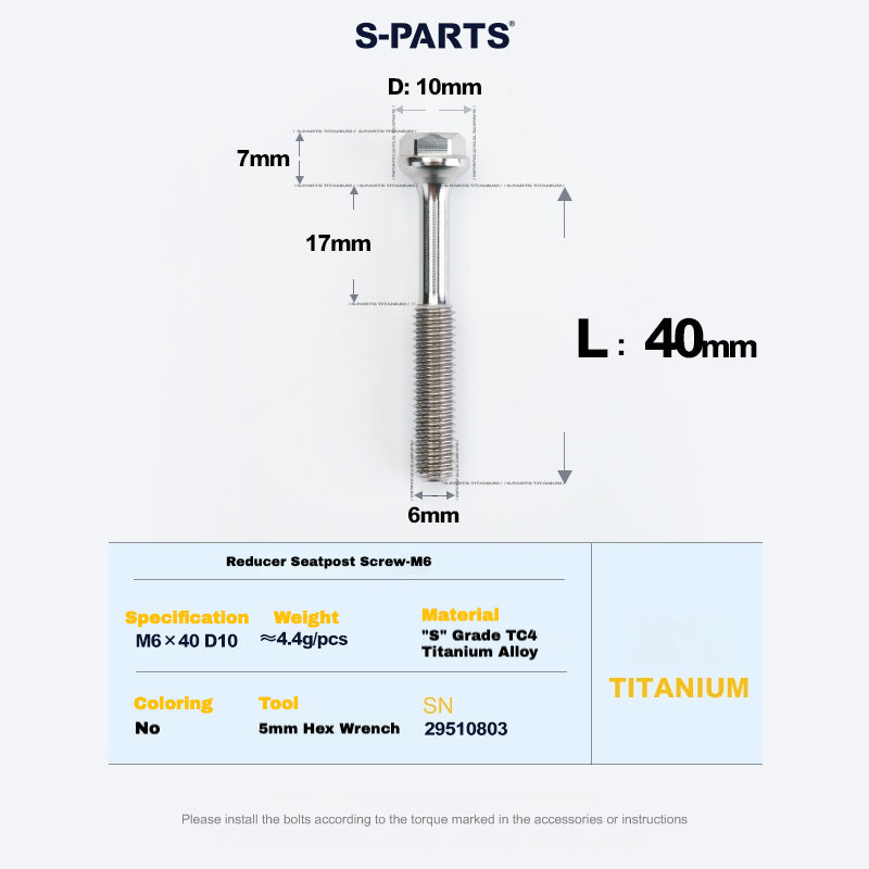 S-PARTS M6 Titanium Seatpost Step-Down Bolt & Nut Kit – Multiple Lengths & Colors