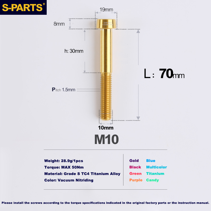 S-PARTS Vis antivol en titane M10 D19 P1.5 avec longueurs variées (L20, L25, L40, L45, L50, L55, L60, L65, L70)