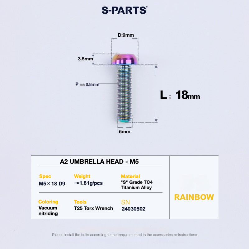 S-PARTS A2 Titanium UMBRELLA HEAD M5 x 8–34mm – TC4 Titanium Bike Hardware