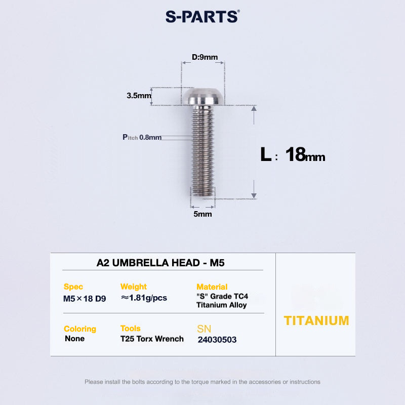 S-PARTS A2 Titanium UMBRELLA HEAD M5 x 8–34mm – TC4 Titanium Bike Hardware