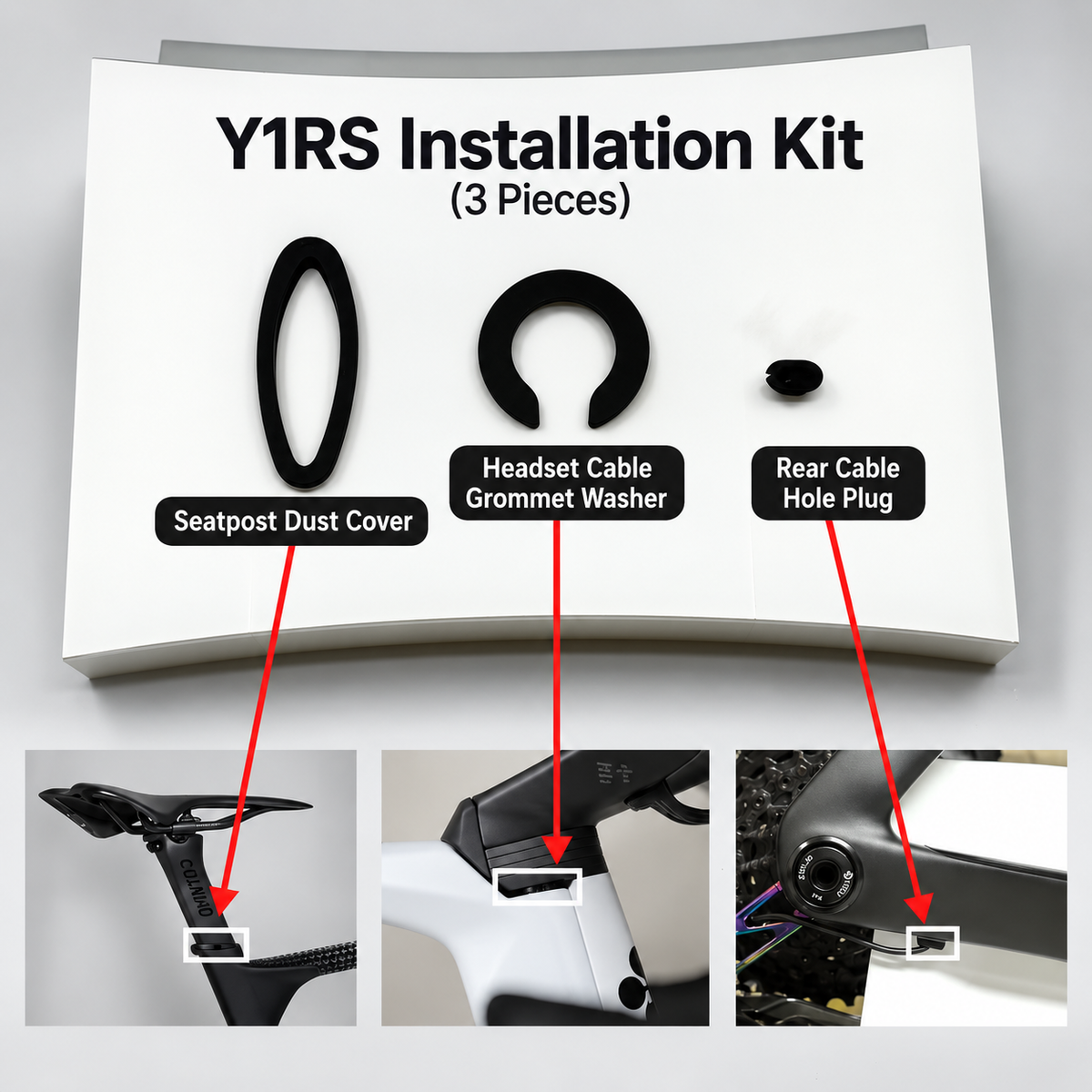Nomes dos componentes do kit de instalação da Colnago Y1RS e locais de montagem