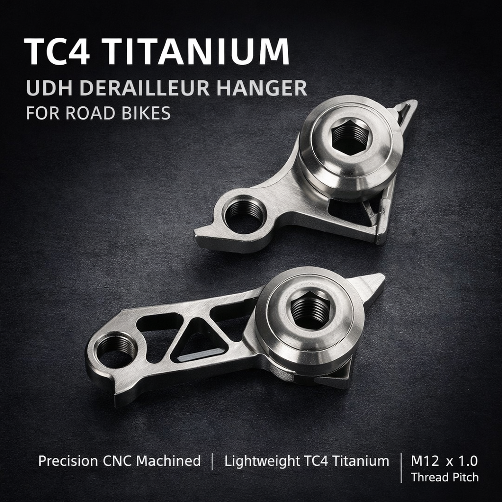 Gancheira traseira UDH de titânio TC4 para bicicletas de estrada | Usinada em CNC | M12 x 1.0