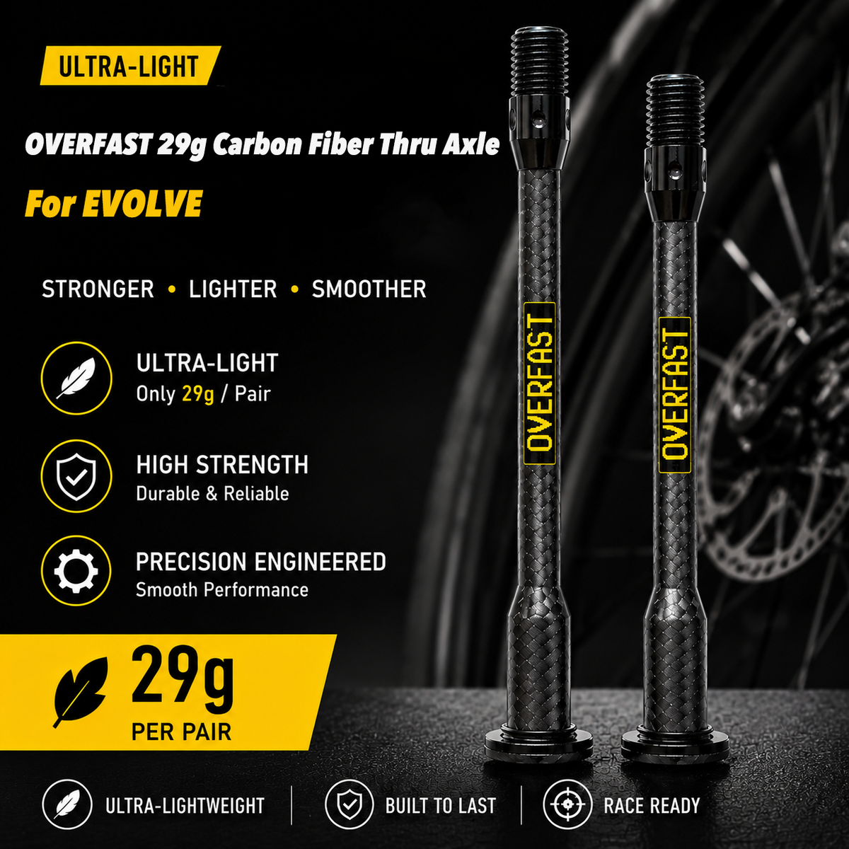 Jeu d'axes traversants en fibre de carbone ultra-légers OVERFAST 29g pour EVOLVE