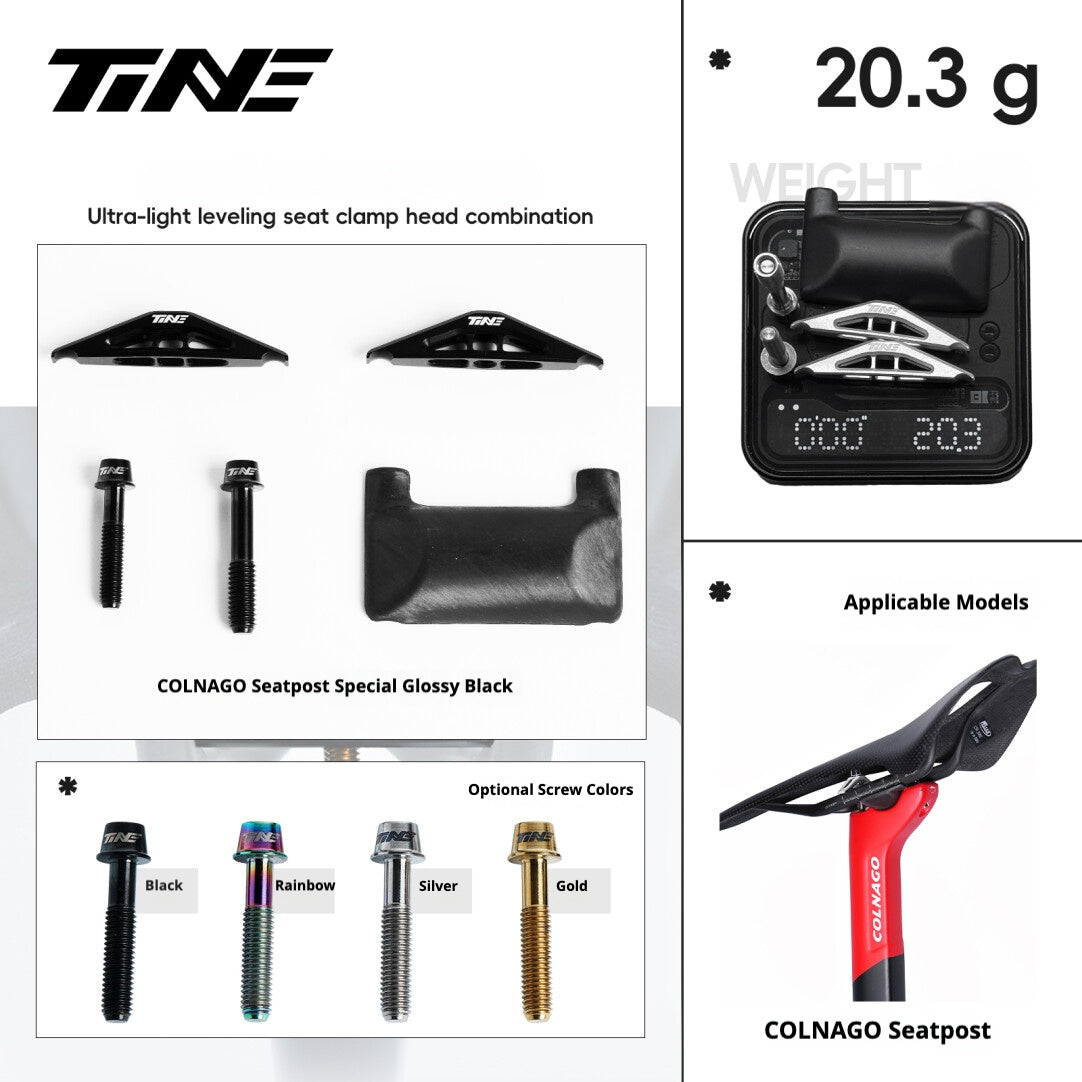 Collier de selle et système de réglage ultra-léger TiNE 6,8 g | Compatible avec tiges de selle Specialized SL9/SL8 Aethos, Colnago et DARIMO | Précision en titane CNC