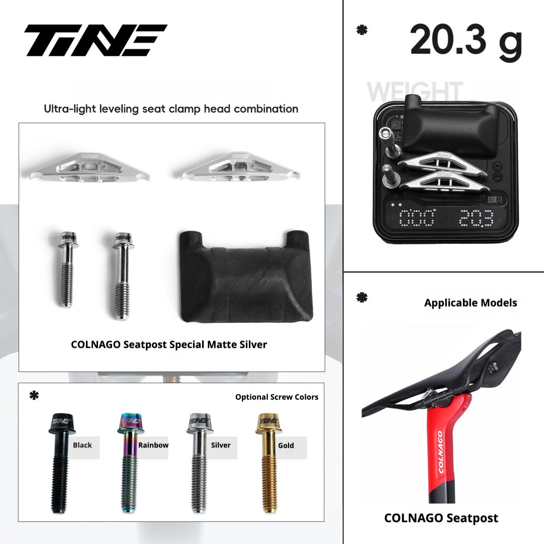 Collier de selle et système de réglage ultra-léger TiNE 6,8 g | Compatible avec tiges de selle Specialized SL9/SL8 Aethos, Colnago et DARIMO | Précision en titane CNC