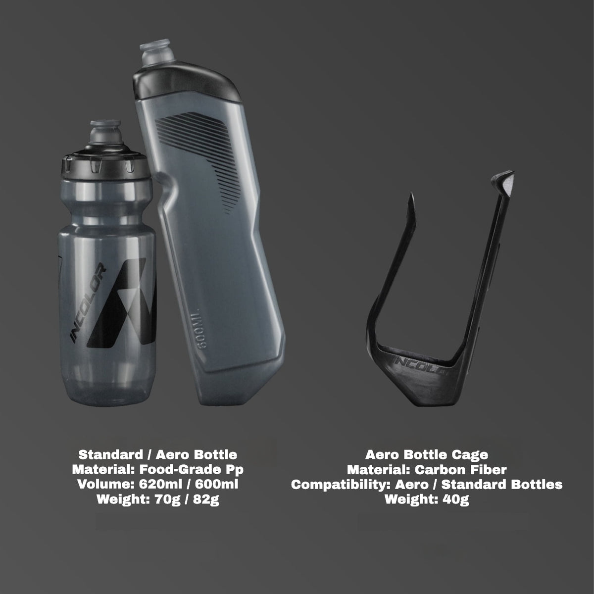 INCOLOR Aero Cycling Bottle & Carbon Cage｜Aero Water Bottle｜Save Up to 8W｜600ml / 620ml｜Bottle + Cage Set Options